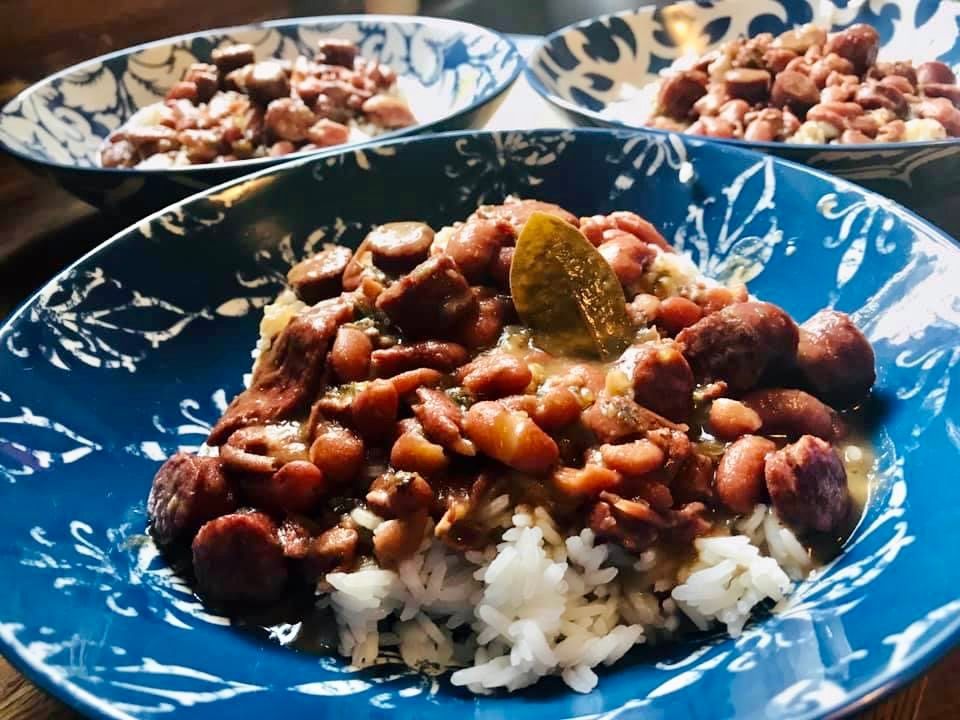 Red beans and rice in blue bowls